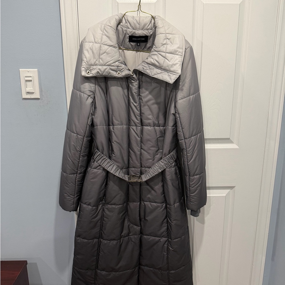 Jones New York Petite Small Grey Quilted Puffer Coat - Belted Funnel Neck